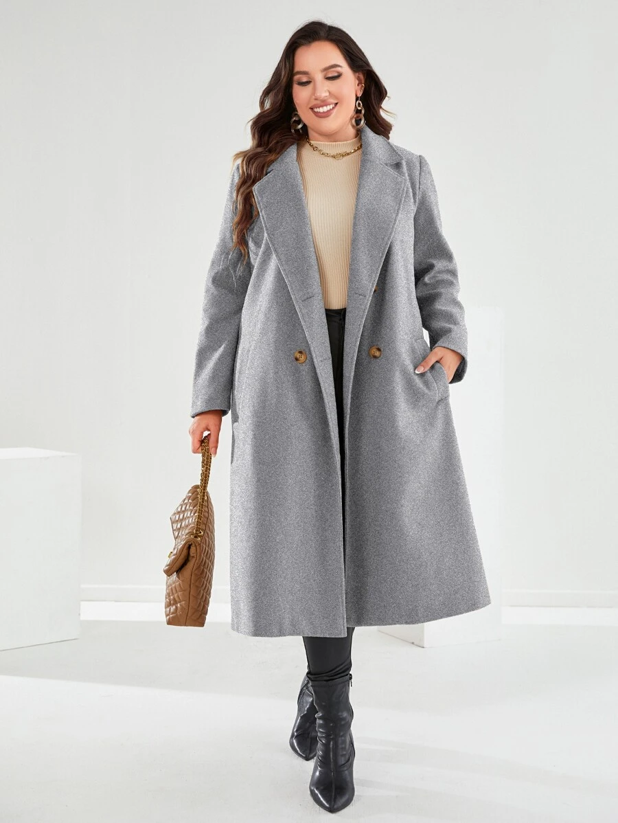 Mulvari Plus Lapel Neck Double Breasted Belted Overcoat - Light Grey - View 1