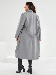 Mulvari Plus Lapel Neck Double Breasted Belted Overcoat - Light Grey - View 2