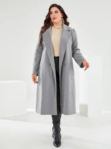 Mulvari Plus Lapel Neck Double Breasted Belted Overcoat - Light Grey - View 4