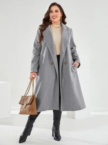 Mulvari Plus Lapel Neck Double Breasted Belted Overcoat - Light Grey - View 5