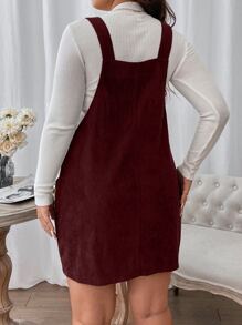 Flirla Plus Patched Pocket Cord Overall Dress Without Tee, Winter Burgundy Corduroy Women Outfit - Burgundy - View 2