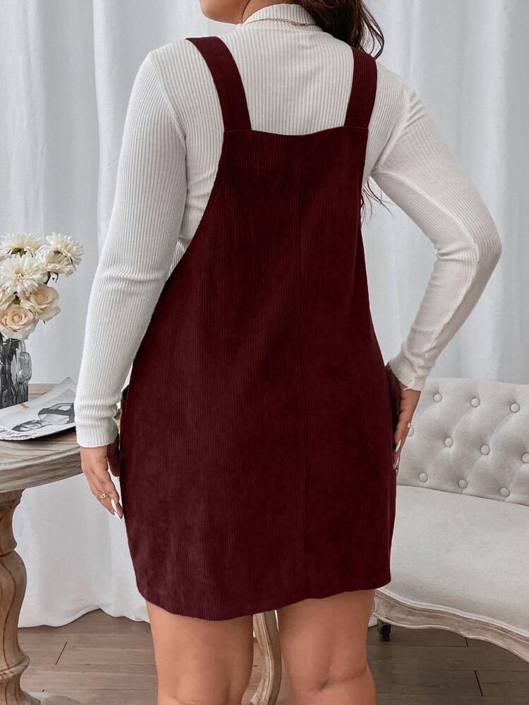 Plus Patched Pocket Cord Overall Dress Without Tee, Winter Burgundy Corduroy Women Outfit