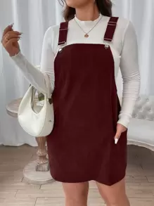 Flirla Plus Patched Pocket Cord Overall Dress Without Tee, Winter Burgundy Corduroy Women Outfit - Burgundy - View 5