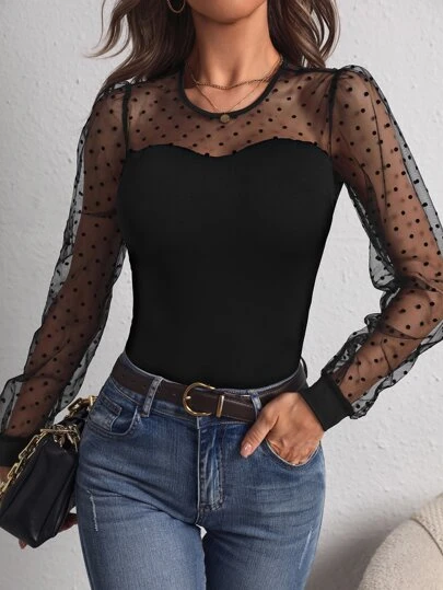 SHEIN Privé Spring Break Contrast Dobby Mesh Bishop Sleeve Black Bodysuit