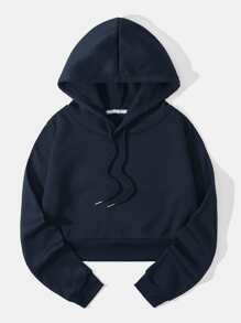 SHEIN EZwear 加絨內裏短款抽繩連帽衫 - 藏蓝色 - 查看 1