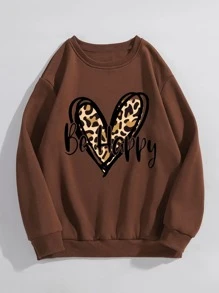 SHEIN LUNE Plus Leopard & Letter Graphic Thermal Lined Sweatshirt - Coffee Brown - View 1
