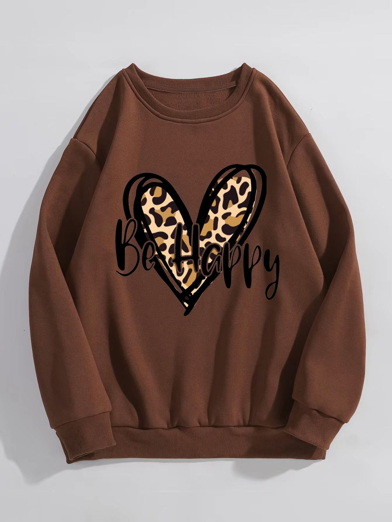 SHEIN LUNE Plus Leopard & Letter Graphic Thermal Lined Sweatshirt - Coffee Brown - View 1