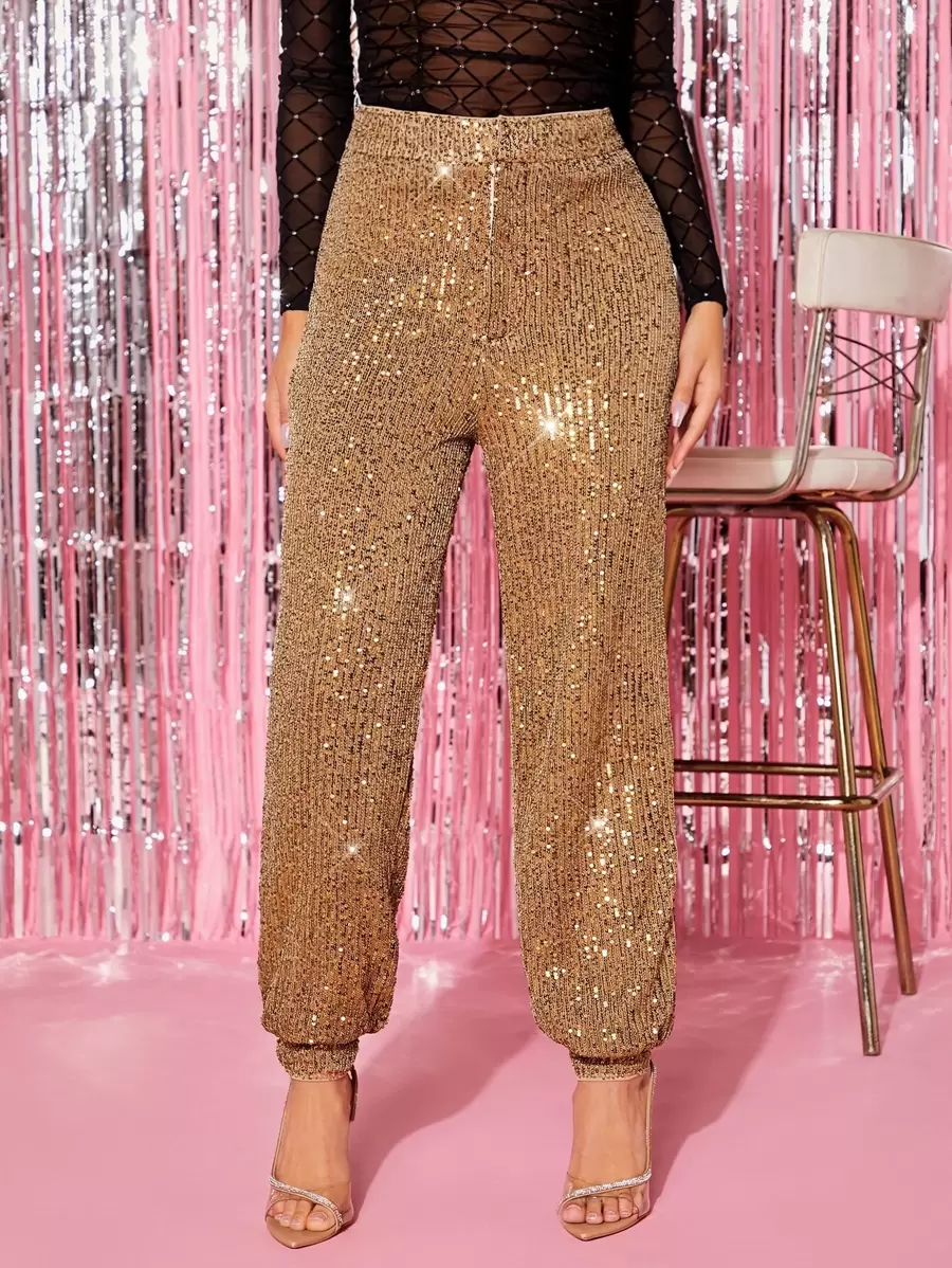 SHEIN BAE High Waist Sequin Trousers - Gold - View 1