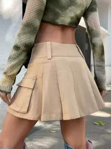 SHEIN ICON 翻蓋口袋百褶半身裙 - 卡其色 - 查看 2