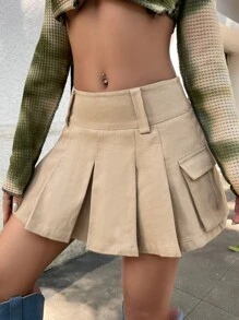 SHEIN ICON 翻蓋口袋百褶半身裙 - 卡其色 - 查看 4