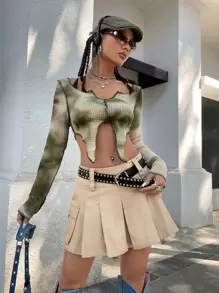 SHEIN ICON 翻蓋口袋百褶半身裙 - 卡其色 - 查看 5