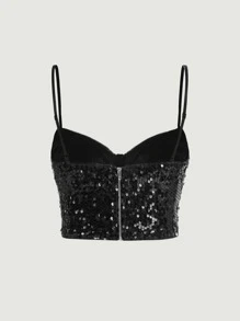 SHEIN MOD Women's Sequin Decorated Camisole Crop Top,Formal,Spring/Summer,Party,Wedding,Elegant Top,Going Out Top, Birthday - Black - View 2