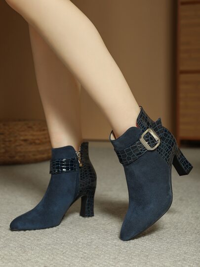 New Women High Heeled Ankle Boots, French Sexy Leopard Suede Pointed Toe Chunky Heeled Short Boots, Versatile Skinny Booties