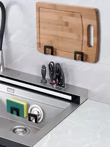 1pc Stainless Steel Sponge Storage Rack, Black Self Adhesive Faucet Drain Rack For Kitchen