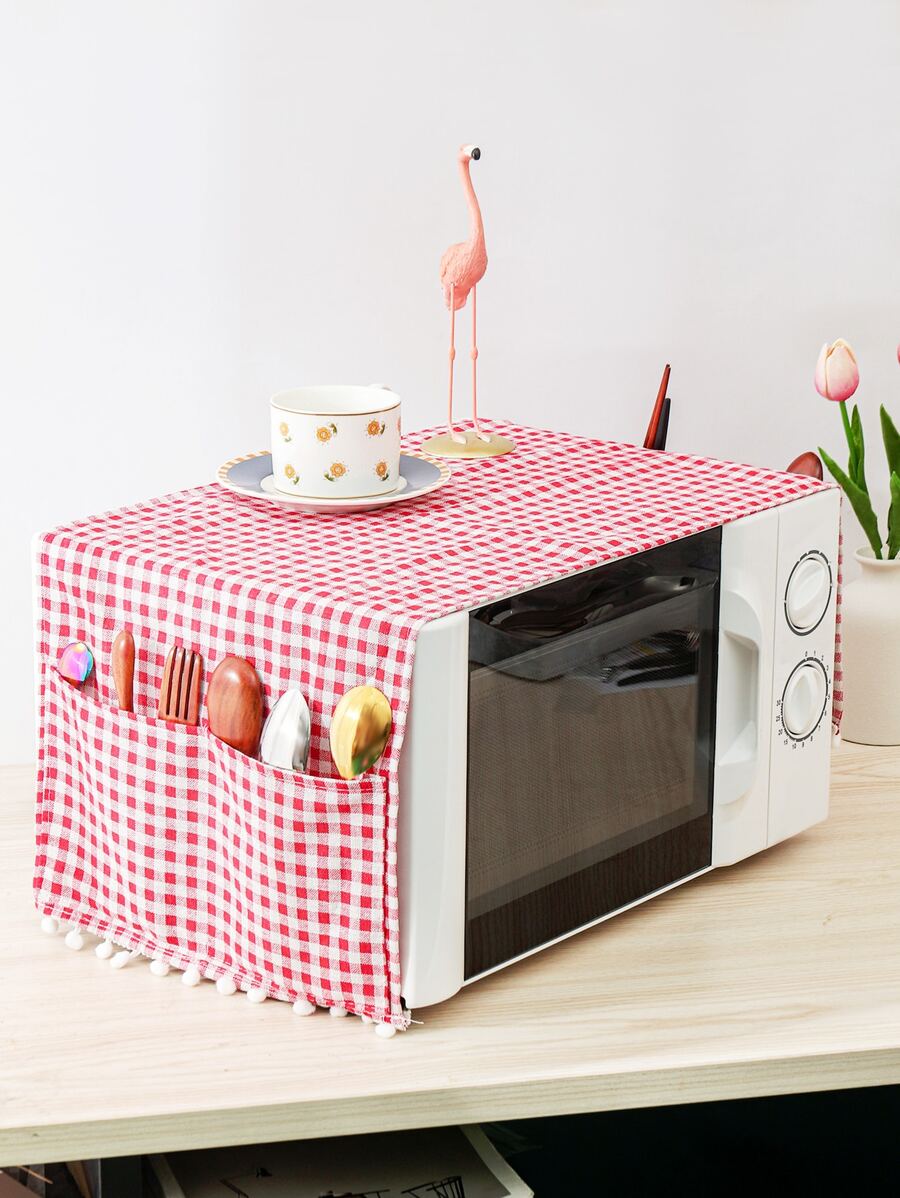 1pc Gingham Pattern Pom Pom Trim Microwave Oven Cover - Multicolor - View 1