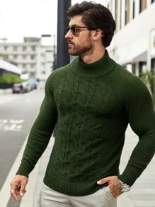 Manfinity Hombres Jersey cuello alto tejido de cable de manga raglán - Verde militar - Ver 5