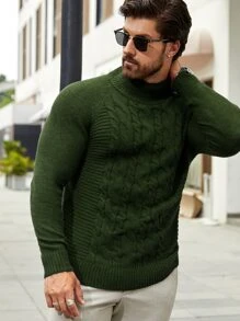 Manfinity Hombres Jersey cuello alto tejido de cable de manga raglán - Verde militar - Ver 6