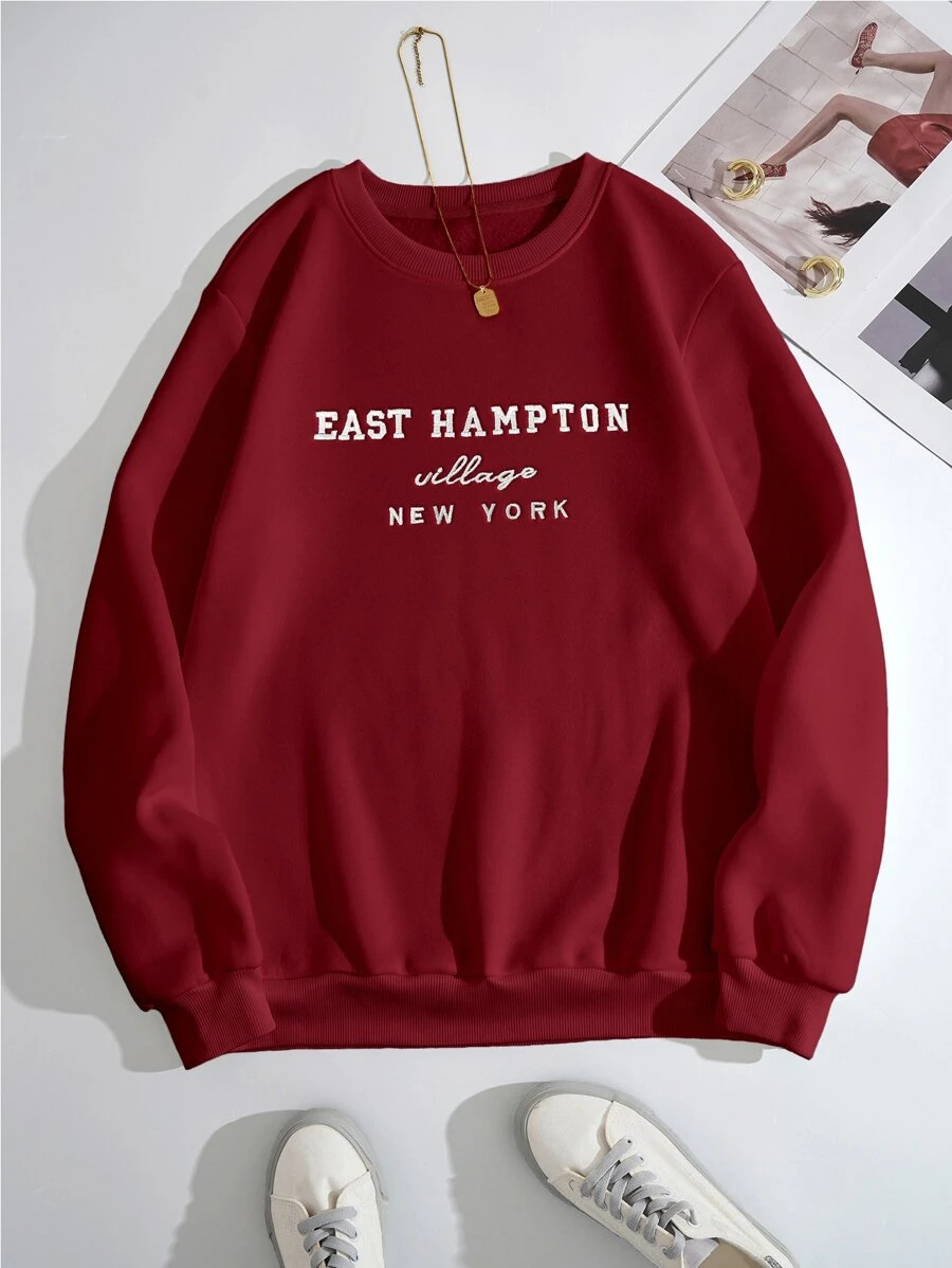 SHEIN EZwear 字母圖案加絨內裏運動衫 - 酒紅色 - 查看 1