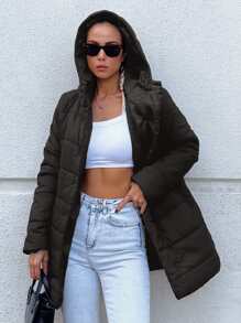 RueChic Snap Button Up Hooded Puffer Coat - Black - View 3