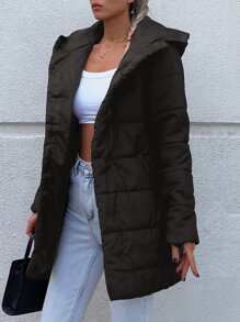 RueChic Snap Button Up Hooded Puffer Coat - Black - View 6