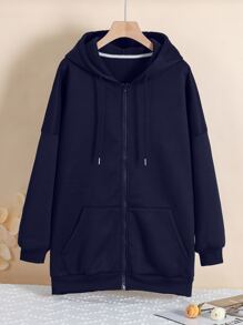 INAWLY Plus Zip Up Drop Shoulder Drawstring Thermal Lined Longline Hoodie - Navy Blue - View 1