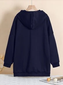 INAWLY Plus Zip Up Drop Shoulder Drawstring Thermal Lined Longline Hoodie - Navy Blue - View 2