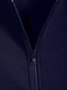 INAWLY Plus Zip Up Drop Shoulder Drawstring Thermal Lined Longline Hoodie - Navy Blue - View 5