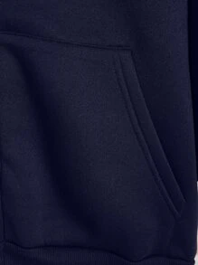 INAWLY Plus Zip Up Drop Shoulder Drawstring Thermal Lined Longline Hoodie - Navy Blue - View 8
