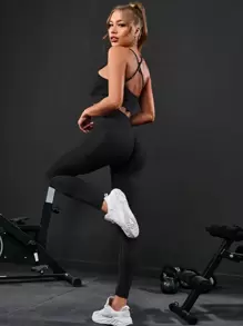 Powerista Bộ đồ tập yoga liền mạch 2 chiếc Bộ đồ thể thao chéo lưng Cami co giãn quần bó mông Quần áo tập gym Bộ đồ tập luyện cho nữ Bộ đồ tập gym cho nữ - màu đen - Xem 2