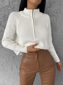 EURMUSE Half Zip Raglan Sleeve Sweater - trắng - Xem 4