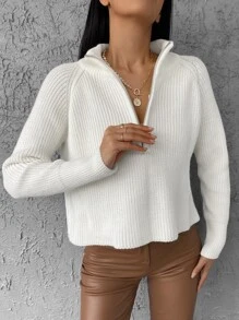 EURMUSE Half Zip Raglan Sleeve Sweater - trắng - Xem 5
