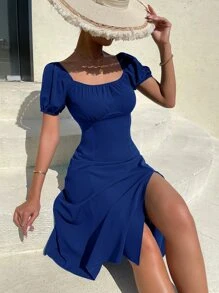 SHEIN Privé Puff Sleeve Square Neck Split Thigh Dress - Blue - View 7