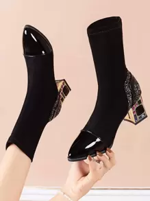 Party Elastic Boots With Chunky Glittered Heels, Click-toe, Faux Suede Sock Boots - Black - View 1