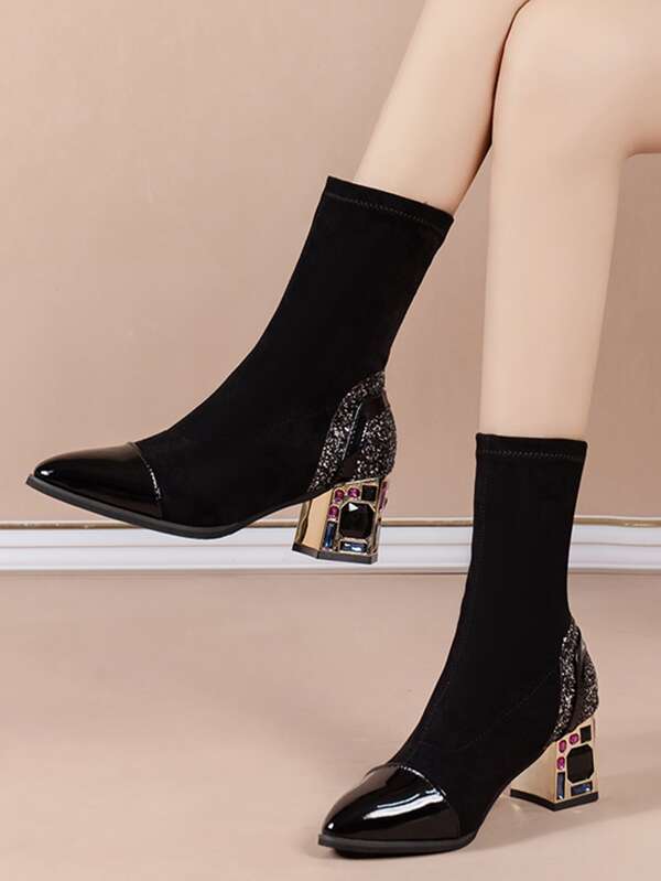 Glitter Panel Chunky Heeled SlipOn Faux Suede Sock Boots SHEIN UK