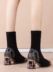 Party Elastic Boots With Chunky Glittered Heels, Click-toe, Faux Suede Sock Boots - Black - View 3