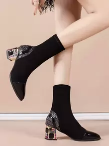 Party Elastic Boots With Chunky Glittered Heels, Click-toe, Faux Suede Sock Boots - Black - View 5