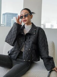 SHEIN COLDBREAK Double Breasted Flap Pockets Quilted Coat - Black - View 1