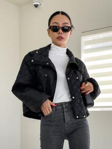 SHEIN COLDBREAK Double Breasted Flap Pockets Quilted Coat - Black - View 3