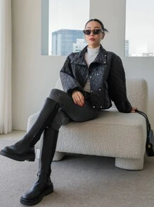 SHEIN COLDBREAK Double Breasted Flap Pockets Quilted Coat - Black - View 4