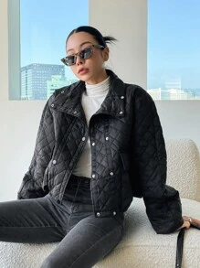 SHEIN COLDBREAK Double Breasted Flap Pockets Quilted Coat - Black - View 5