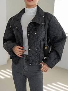 SHEIN COLDBREAK Double Breasted Flap Pockets Quilted Coat - Black - View 8