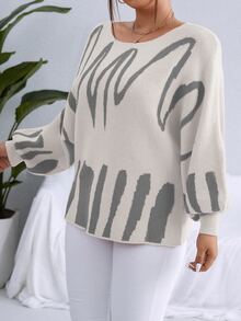 Calvaya Plus Graphic Pattern Batwing Sleeve Jumper - Beige - View 3