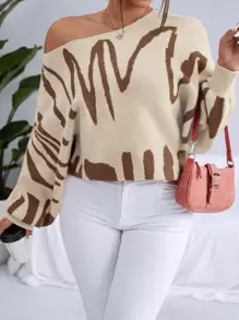 Calvaya 加大码图案蝙蝠袖针织套头衫秋冬毛衣 - 杏色 - 查看 1