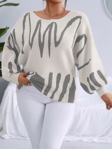 Calvaya Plus Graphic Pattern Batwing Sleeve Jumper - Beige - View 5
