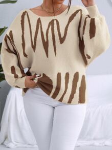 Calvaya 加大码图案蝙蝠袖针织套头衫秋冬毛衣 - 杏色 - 查看 4