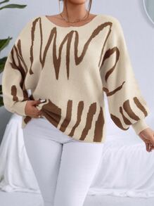 Calvaya 加大码图案蝙蝠袖针织套头衫秋冬毛衣 - 杏色 - 查看 5