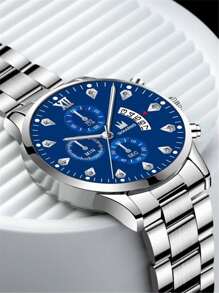 SHAARMS Đồng hồ Quartz mặt tròn cho nam - Bạc - Xem 2