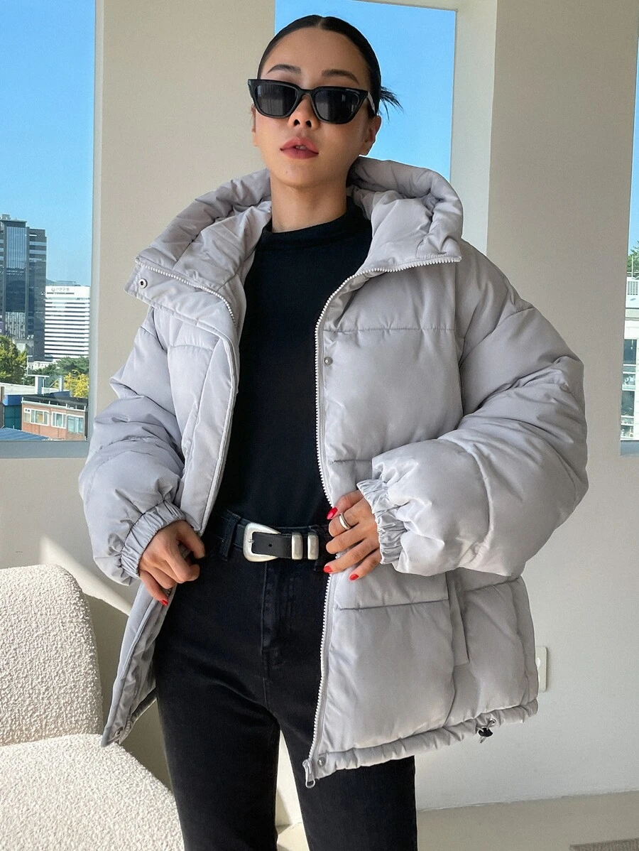 DAZY Drawstring Hooded Padded Coat - Grey - View 1