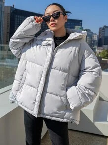 DAZY Drawstring Hooded Padded Coat - Grey - View 2