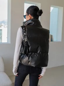 DAZY 拉链前开襟羽绒背心加厚口袋外套，冬季女装，女士绗缝外套皮夹克 - 黑色 - 查看 3